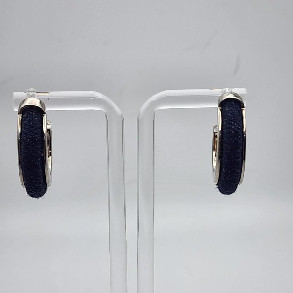 Joan Rivers Silver Tone Hoop Earrings with Blue Fabric Detailing